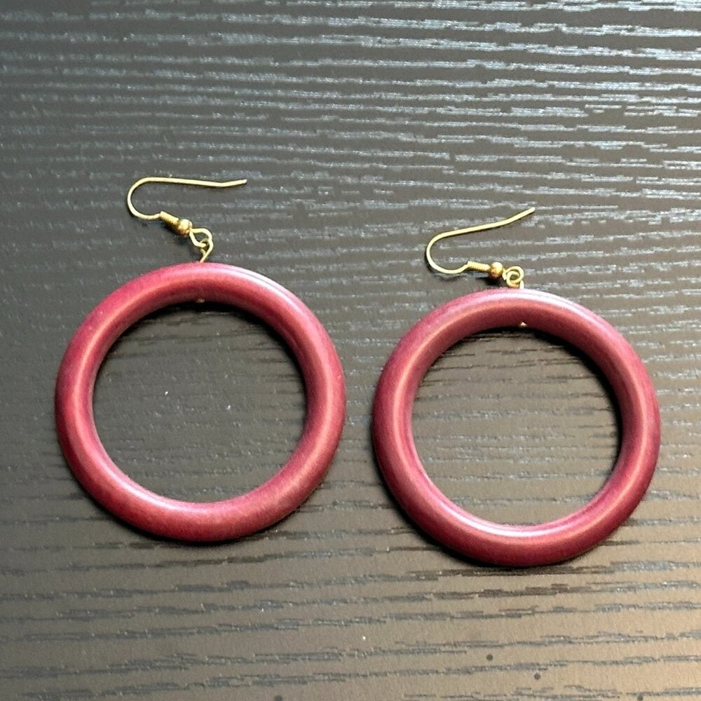 Super Cool Vintage Wood Hoop Dangle Pierced Earrings